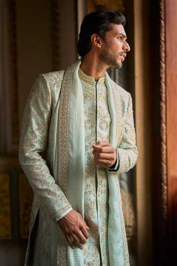 Buy_Seema Gujral_Green Satin, Linen Embroidery, Sequins, Beads, Zari Sage Sherwani Set _Online_at_Aza_Fashions
