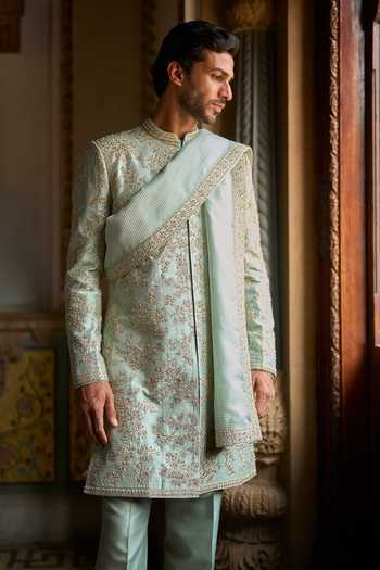 Seema Gujral_Green Satin, Linen Embroidery, Sequins, Beads, Zari Sage Sherwani Set _Online_at_Aza_Fashions