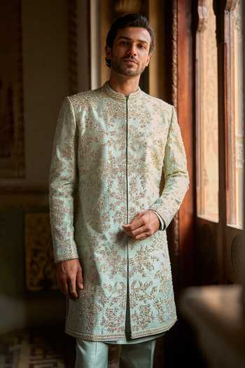 Shop_Seema Gujral_Green Satin, Linen Embroidery, Sequins, Beads, Zari Sage Sherwani Set _Online_at_Aza_Fashions