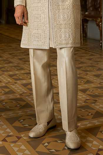 Buy_Seema Gujral_Beige Satin, Linen Embroidery, Sequins, Pearls Geometric Sherwani Set _Online_at_Aza_Fashions