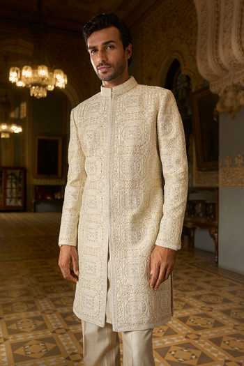 Shop_Seema Gujral_Beige Satin, Linen Embroidery, Sequins, Pearls Geometric Sherwani Set _Online_at_Aza_Fashions