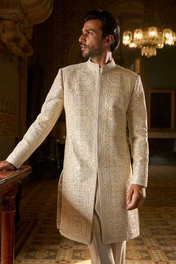 Seema Gujral_Beige Satin, Linen Embroidery, Sequins, Pearls Geometric Sherwani Set _at_Aza_Fashions