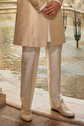 Buy_Seema Gujral_Beige Silk, Cotton Embroidery, Sequins, Beads, Zari Raw Sherwani Set _Online_at_Aza_Fashions