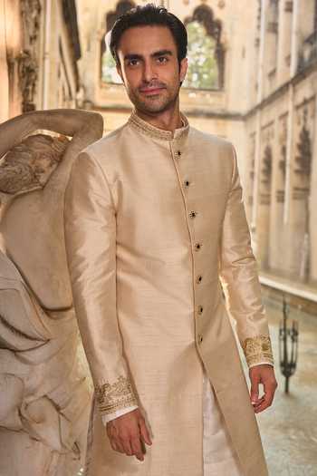 Shop_Seema Gujral_Beige Silk, Cotton Embroidery, Sequins, Beads, Zari Raw Sherwani Set _Online_at_Aza_Fashions