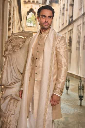 Seema Gujral_Beige Silk, Cotton Embroidery, Sequins, Beads, Zari Raw Sherwani Set _Online_at_Aza_Fashions