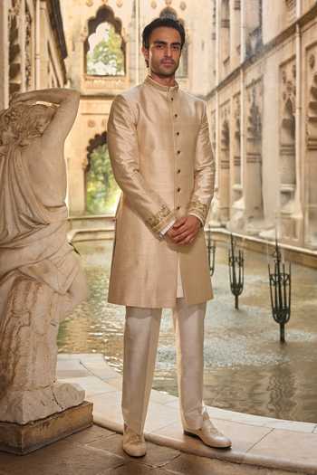 Buy_Seema Gujral_Beige Silk, Cotton Embroidery, Sequins, Beads, Zari Raw Sherwani Set _at_Aza_Fashions