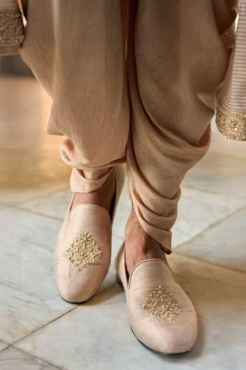 Seema Gujral_Beige Silk, Cotton Embroidery, Sequins, Beads, Zari Sherwani And Kurta Set _Online_at_Aza_Fashions