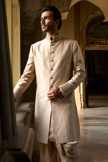 Buy_Seema Gujral_Beige Silk, Cotton Embroidery, Sequins, Beads, Zari Sherwani And Kurta Set _Online_at_Aza_Fashions