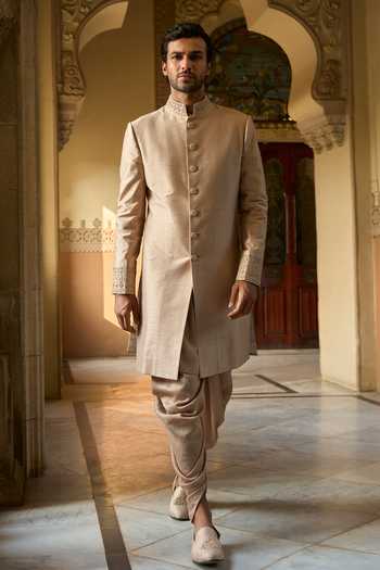 Buy_Seema Gujral_Beige Silk, Cotton Embroidery, Sequins, Beads, Zari Sherwani And Kurta Set _at_Aza_Fashions