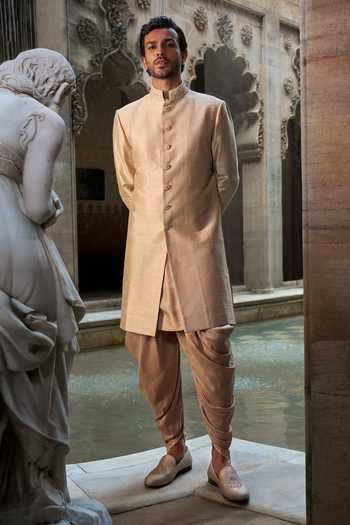 Shop_Seema Gujral_Beige Silk, Cotton Embroidery, Sequins, Beads, Zari Sherwani And Kurta Set _at_Aza_Fashions