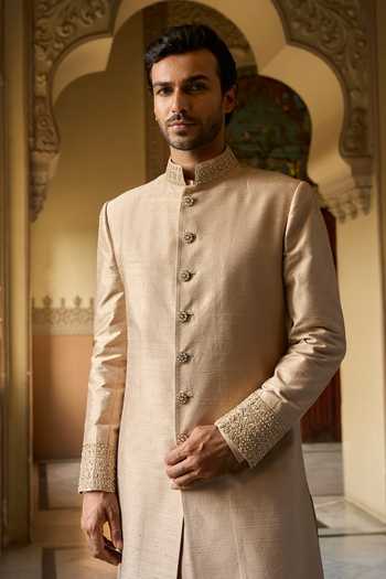 Shop_Seema Gujral_Beige Silk, Cotton Embroidery, Sequins, Beads, Zari Sherwani And Kurta Set _Online_at_Aza_Fashions
