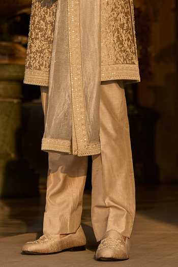Seema Gujral_Gold Silk, Cotton Embroidery, Sequins, Beads, Zari Dori Sherwani And Kurta Set _Online_at_Aza_Fashions