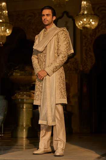 Buy_Seema Gujral_Gold Silk, Cotton Embroidery, Sequins, Beads, Zari Dori Sherwani And Kurta Set _at_Aza_Fashions