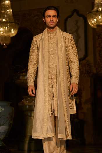 Shop_Seema Gujral_Gold Silk, Cotton Embroidery, Sequins, Beads, Zari Dori Sherwani And Kurta Set _at_Aza_Fashions