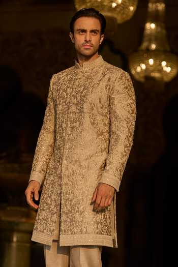 Buy_Seema Gujral_Gold Silk, Cotton Embroidery, Sequins, Beads, Zari Dori Sherwani And Kurta Set _Online_at_Aza_Fashions