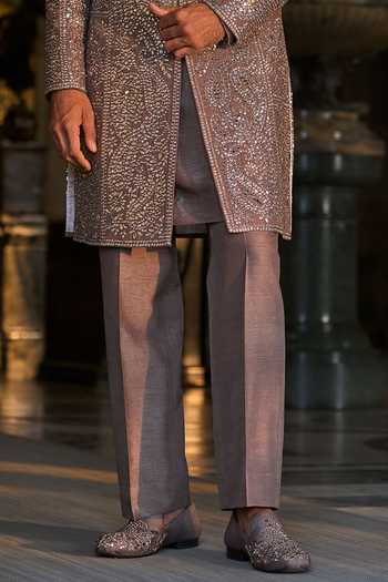 Buy_Seema Gujral_Grey Silk, Cotton Mirrors Stone And Work Sherwani Set _Online_at_Aza_Fashions