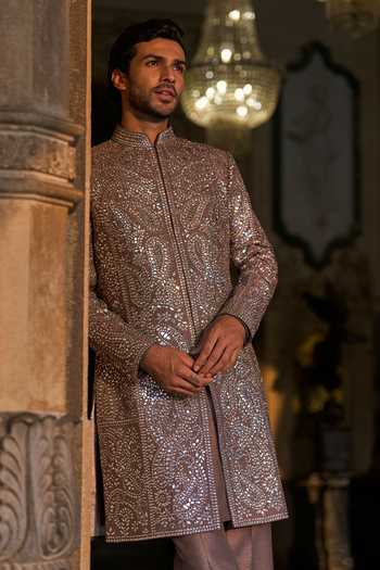 Shop_Seema Gujral_Grey Silk, Cotton Mirrors Stone And Work Sherwani Set _Online_at_Aza_Fashions