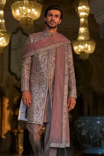 Seema Gujral_Grey Silk, Cotton Mirrors Stone And Work Sherwani Set _Online_at_Aza_Fashions
