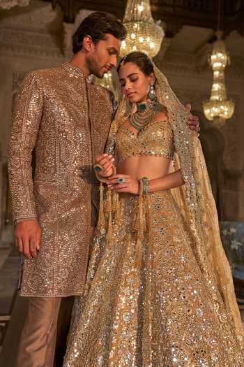 Seema Gujral_Grey Silk, Cotton Mirrors Stone And Work Sherwani Set _at_Aza_Fashions