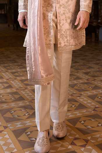 Buy_Seema Gujral_Peach Satin, Linen Embroidery, Sequins, Beads, Zari Dori Work Sherwani Set _Online_at_Aza_Fashions