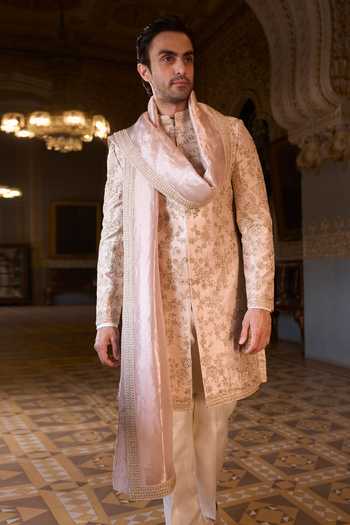 Shop_Seema Gujral_Peach Satin, Linen Embroidery, Sequins, Beads, Zari Dori Work Sherwani Set _Online_at_Aza_Fashions