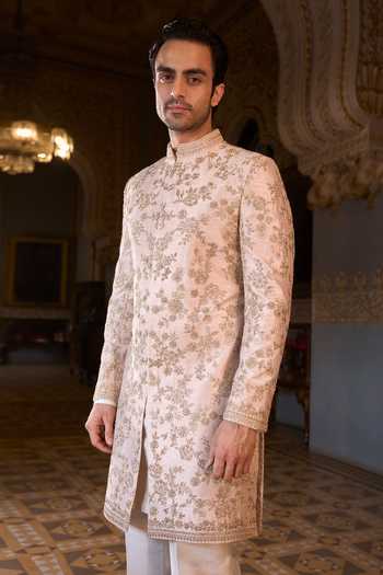Seema Gujral_Peach Satin, Linen Embroidery, Sequins, Beads, Zari Dori Work Sherwani Set _Online_at_Aza_Fashions