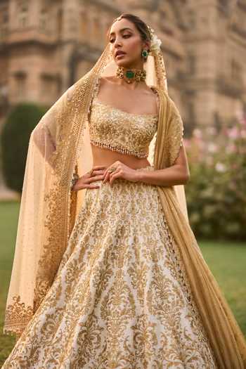 Buy_Seema Gujral_Ivory Silk, Net Embroidery, Sequins, Beads, Zari, Tassels, Bridal Lehenga Set _Online_at_Aza_Fashions
