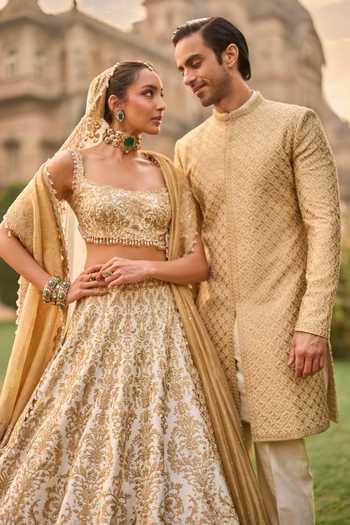 Buy_Seema Gujral_Ivory Silk, Net Embroidery, Sequins, Beads, Zari, Tassels, Bridal Lehenga Set 