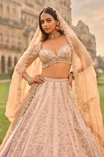 Shop_Seema Gujral_Rose Gold Silk, Tissue, Organza Crystals, Bridal Embroidered Lehenga Set _Online_at_Aza_Fashions