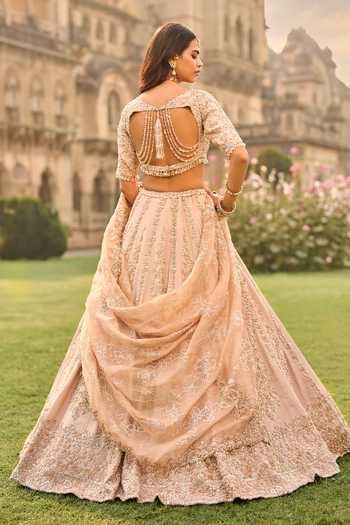 Seema Gujral_Rose Gold Silk, Tissue, Organza Crystals, Bridal Embroidered Lehenga Set _Online_at_Aza_Fashions