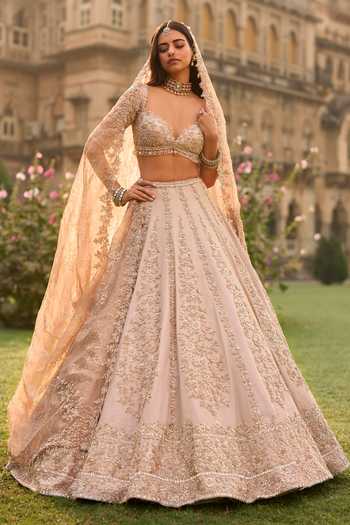 Shop_Seema Gujral_Rose Gold Silk, Tissue, Organza Crystals, Bridal Embroidered Lehenga Set 