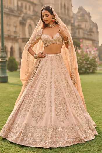 Buy_Seema Gujral_Rose Gold Silk, Tissue, Organza Crystals, Bridal Embroidered Lehenga Set _at_Aza_Fashions