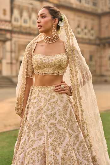 Buy_Seema Gujral_Peach Silk, Net Sequins, Beads, Pearls, Raw Embroidered Bridal Lehenga Set _Online_at_Aza_Fashions