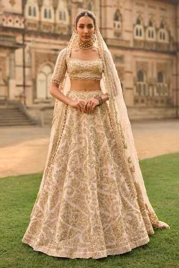 Buy_Seema Gujral_Peach Silk, Net Sequins, Beads, Pearls, Raw Embroidered Bridal Lehenga Set _at_Aza_Fashions