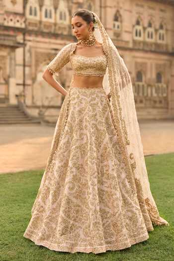 Shop_Seema Gujral_Peach Silk, Net Sequins, Beads, Pearls, Raw Embroidered Bridal Lehenga Set _Online_at_Aza_Fashions