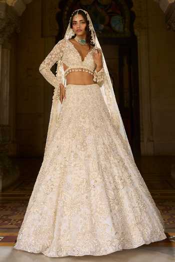 Buy_Seema Gujral_Ivory Net, Organza Sequins, Beads, Pearls, Tassels Work Bridal Lehenga Set _at_Aza_Fashions