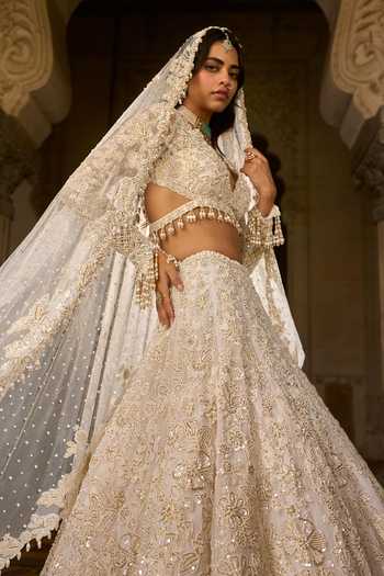 Buy_Seema Gujral_Ivory Net, Organza Sequins, Beads, Pearls, Tassels Work Bridal Lehenga Set _Online_at_Aza_Fashions