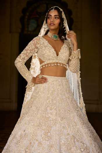 Shop_Seema Gujral_Ivory Net, Organza Sequins, Beads, Pearls, Tassels Work Bridal Lehenga Set _Online_at_Aza_Fashions