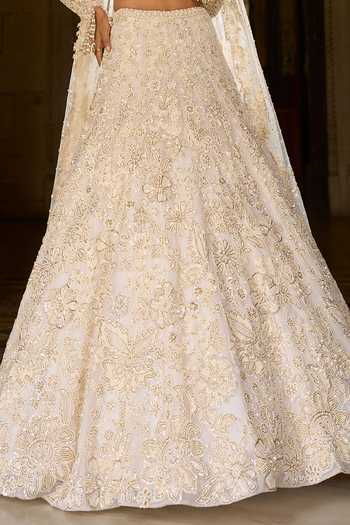 Seema Gujral_Ivory Net, Organza Sequins, Beads, Pearls, Tassels Work Bridal Lehenga Set _at_Aza_Fashions