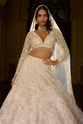 Buy_Seema Gujral_Ivory Net, Organza Sequins, Beads, Pearls, Tassels Work Bridal Lehenga Set 