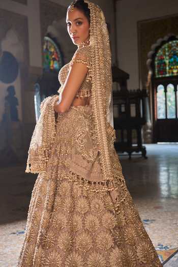 Buy_Seema Gujral_Gold Net Sequins, Beads, Pearls, Tassels Scoop Embroidered Bridal Lehenga Set _Online_at_Aza_Fashions