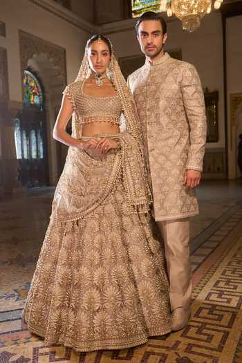 Buy_Seema Gujral_Gold Net Sequins, Beads, Pearls, Tassels Scoop Embroidered Bridal Lehenga Set _Online