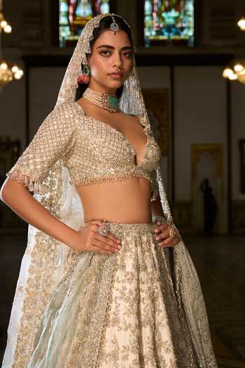 Buy_Seema Gujral_Ivory Silk, Organza Zari, Crystals, Tassels, Zardozi Work Bridal Lehenga Set _Online_at_Aza_Fashions