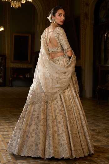 Seema Gujral_Beige Net Sequins, Pearls, Zari, Crystals, Zardozi Work Bridal Lehenga Set _Online_at_Aza_Fashions