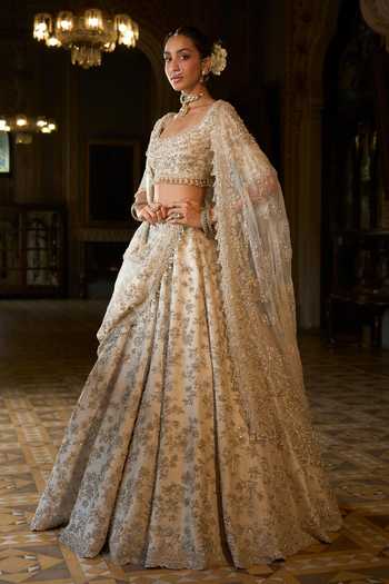 Buy_Seema Gujral_Beige Net Sequins, Pearls, Zari, Crystals, Zardozi Work Bridal Lehenga Set _Online_at_Aza_Fashions