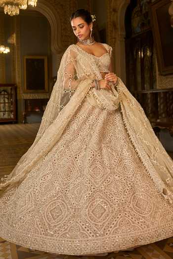 Buy_Seema Gujral_Beige Net Embroidery, Sequins, Pearls, Tassels Thread Work Bridal Lehenga Set _Online_at_Aza_Fashions