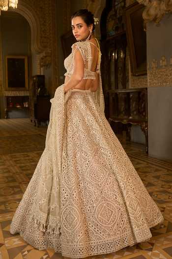 Seema Gujral_Beige Net Embroidery, Sequins, Pearls, Tassels Thread Work Bridal Lehenga Set _Online_at_Aza_Fashions