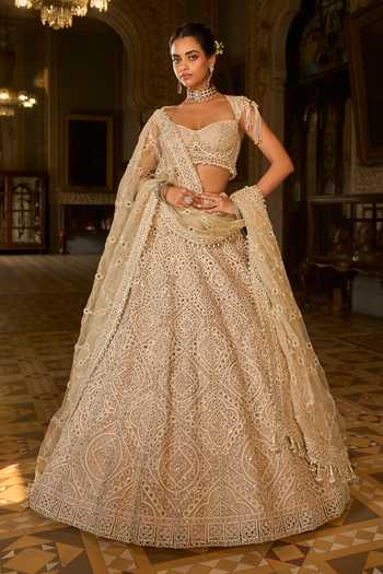Buy_Seema Gujral_Beige Net Embroidery, Sequins, Pearls, Tassels Thread Work Bridal Lehenga Set _at_Aza_Fashions