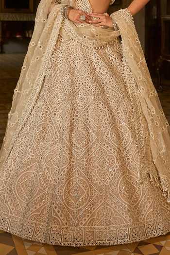Shop_Seema Gujral_Beige Net Embroidery, Sequins, Pearls, Tassels Thread Work Bridal Lehenga Set _Online_at_Aza_Fashions