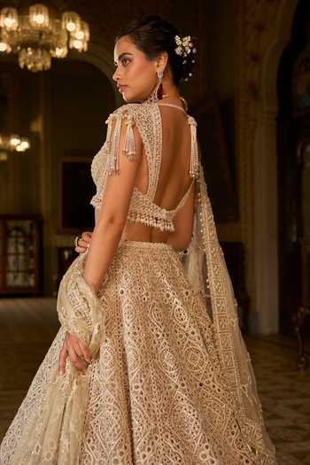 Buy_Seema Gujral_Beige Net Embroidery, Sequins, Pearls, Tassels Thread Work Bridal Lehenga Set 